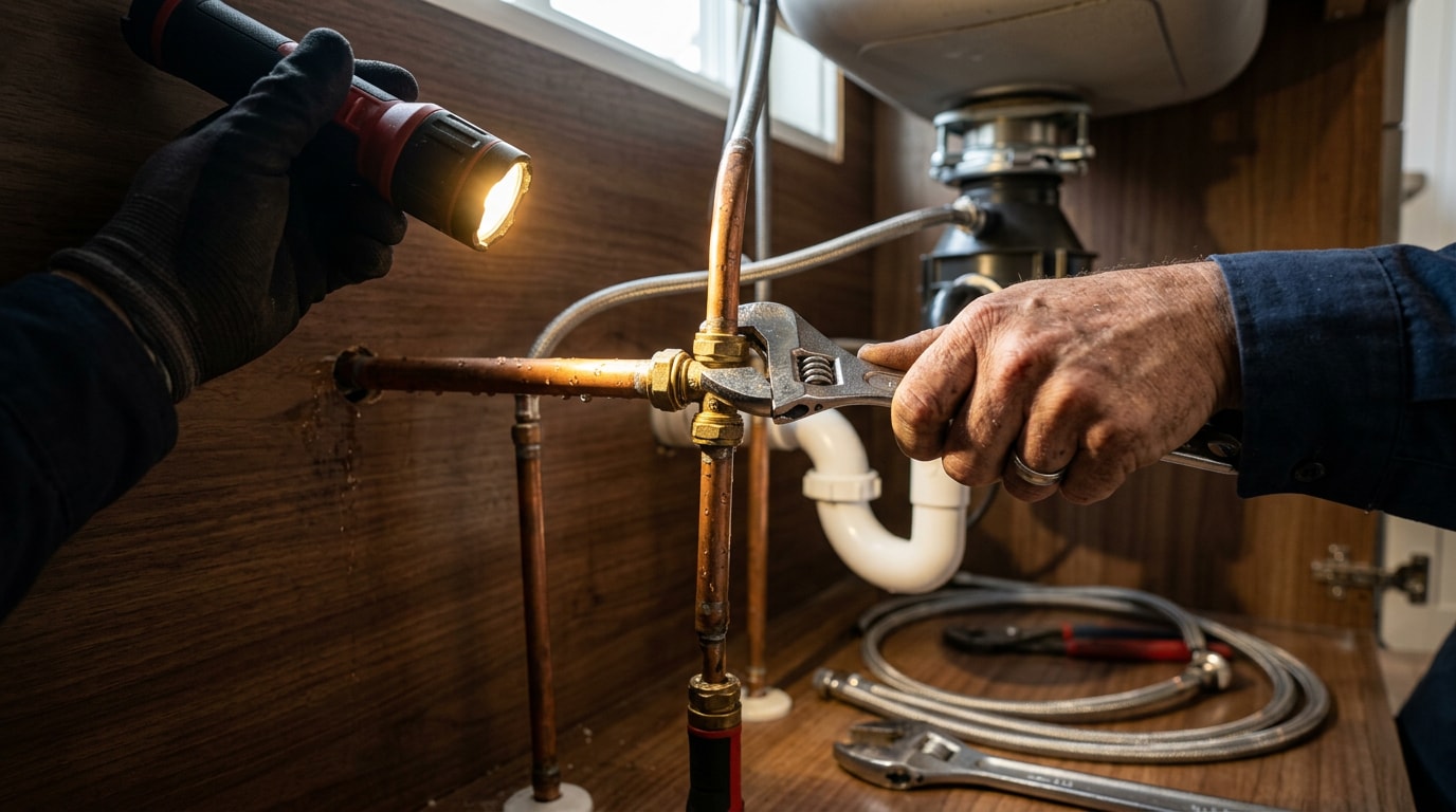 Plumber repairing a leaking pipe fitting under a kitchen sink in Valencia, PA Plumber repairing a leaking pipe fitting under a kitchen sink in Valencia, PA