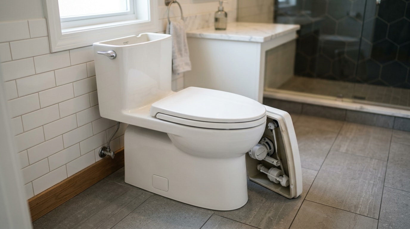 Modern toilet in a Wexford, PA bathroom with tank lid set aside for inspection Modern toilet in a Wexford, PA bathroom with tank lid set aside for inspection