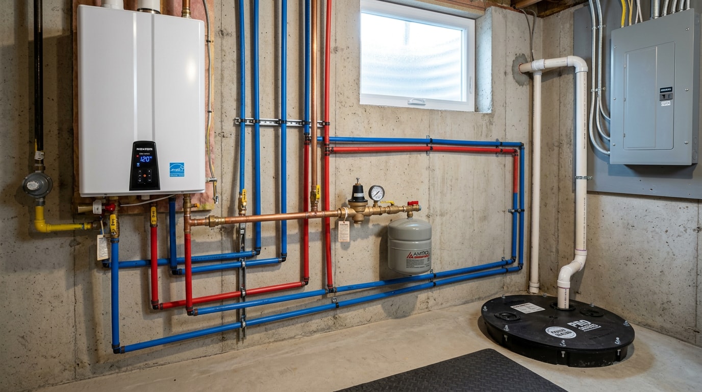 Modern residential plumbing and water heater setup in a Pennsylvania home basement Modern residential plumbing and water heater setup in a Pennsylvania home basement